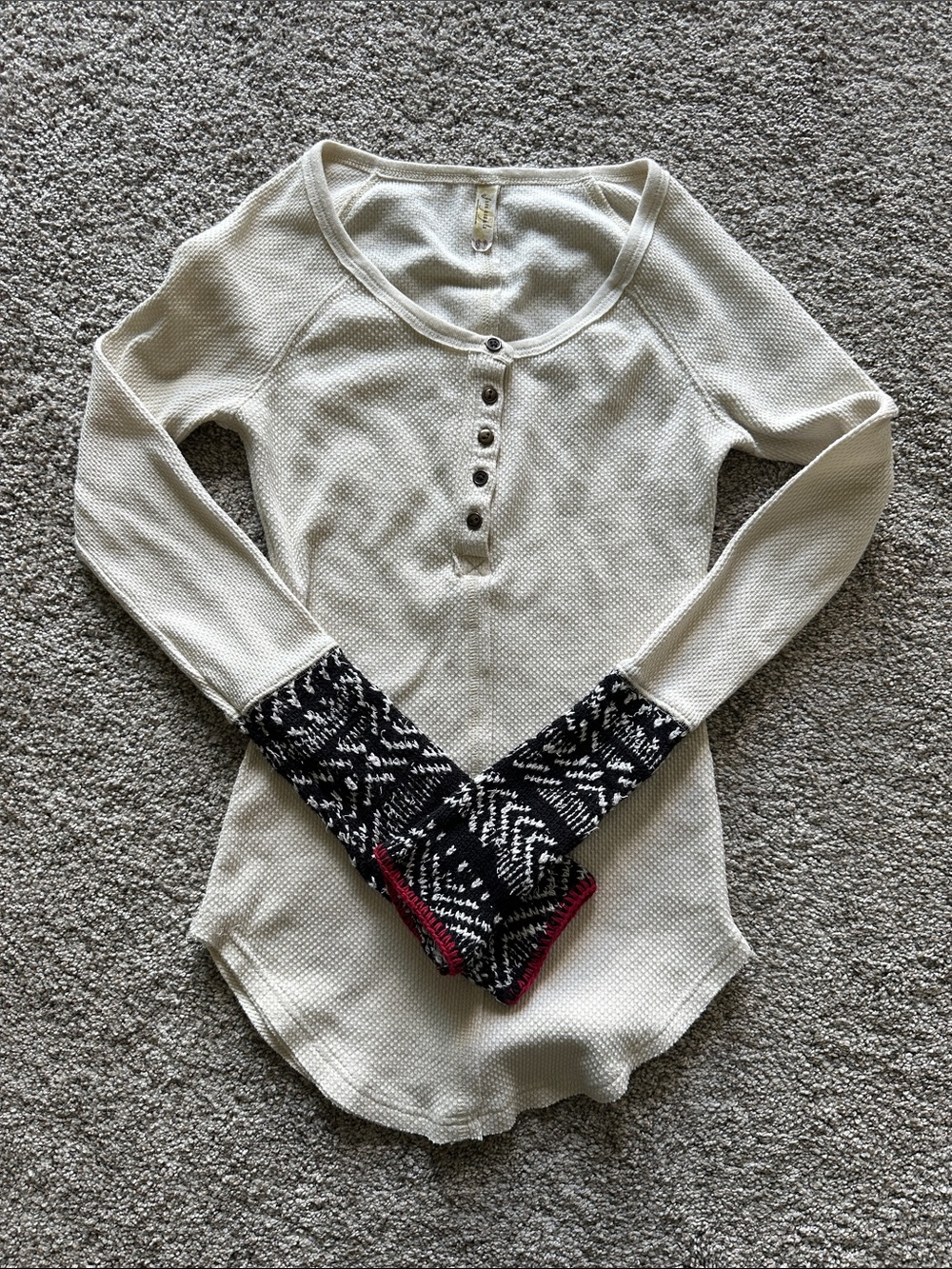 Womens Cream Long-Sleeve Henley Top with Patterned Cuff Details